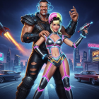 Futuristic couple in a vibrant cyberpunk city scene