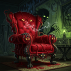 Gothic Scene Featuring Sinister Red Armchair and Ghostly Figure