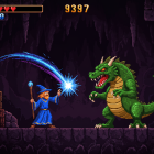 Wizard Casts Blue Spell at Green Dragon in Cave
