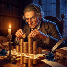 Oil Painting of an Old Man Stacking Gold Coins