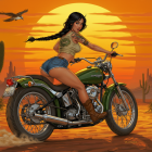 Confident Woman on Vintage Motorcycle at Desert Sunset
