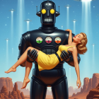 Giant Humanoid Robot Carries Woman in Desert Landscape