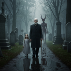 Elderly man and girl in foggy graveyard with tombstones