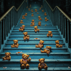 Eerie Staircase with Teddy Bears and Shadowy Figures