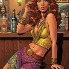 Confident Woman at Bar with Red Hair and Vibrant Outfit