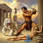 Warrior Battles Tiger in Ancient Architectural Setting