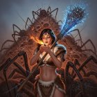 Warrior Woman with Flame and Colossal Spider Background