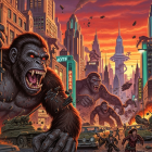 Gorillas Rampaging Through Cityscape at Sunset