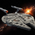 Futuristic spacecraft in deep space with glowing engines