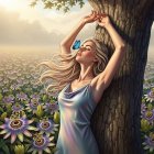 Serene scene of a woman in a flower field