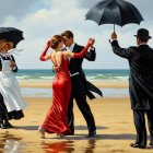 Three Figures on a Beach with Umbrellas and Waves