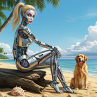 Futuristic Robot Woman on Beach with Golden Retriever