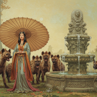 Serene Woman in Traditional Attire by Fountain with Hyenas