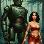 Female Warrior and Vintage Green Robot in Forest