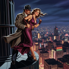 Dramatic Nighttime Urban Skyline with Couple Embrace