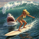 Blonde Woman Surfing with Shark in Thrilling Scene
