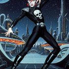 Vibrant sci-fi illustration of a bold character in black