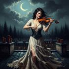 Young Woman in Tattered Dress Playing Violin at Night