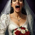Bride in White Dress with Vampiric Features and Bouquet