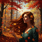 Autumn Painting of Woman Surrounded by Colorful Leaves