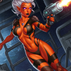 Fierce Character in Sci-Fi Setting with Blaster