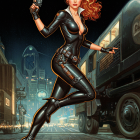 Confident Woman in Black Bodysuit with Pistol at Night