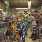 Alien Laundry Scene in a Colorful Laundromat