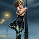 Young Woman in Black Dress by Foggy Streetlamp