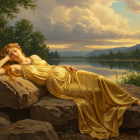 Woman in Golden Gown by Tranquil Lake Landscape