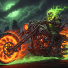 Fiery Spectral Figure on Menacing Motorcycle in Shadows