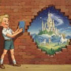 Boy with tablet in front of brick wall and castle scene