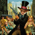 Whimsical Scene with Man in Top Hat and Revolvers