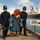 Cartoon Bear in Chains with Police Officers at Dock