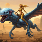 Fierce Woman in Golden Armor Rides Dragon-like Creature
