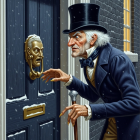 Sinister Figure at Dark Snow-Covered Door with Knocker