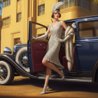 Glamorous Flapper Woman Exiting Vintage Car in 1920s