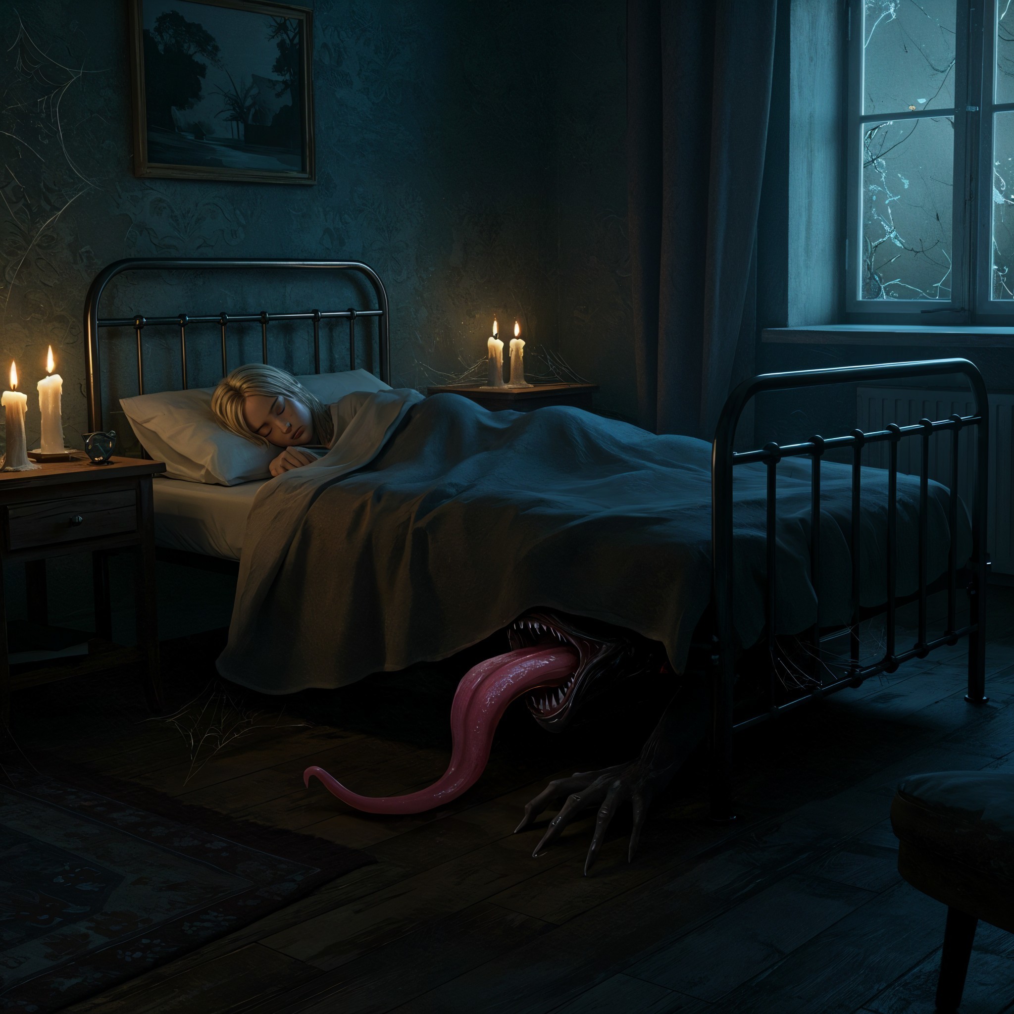 Young girl sleeping in a dim room with lurking creature