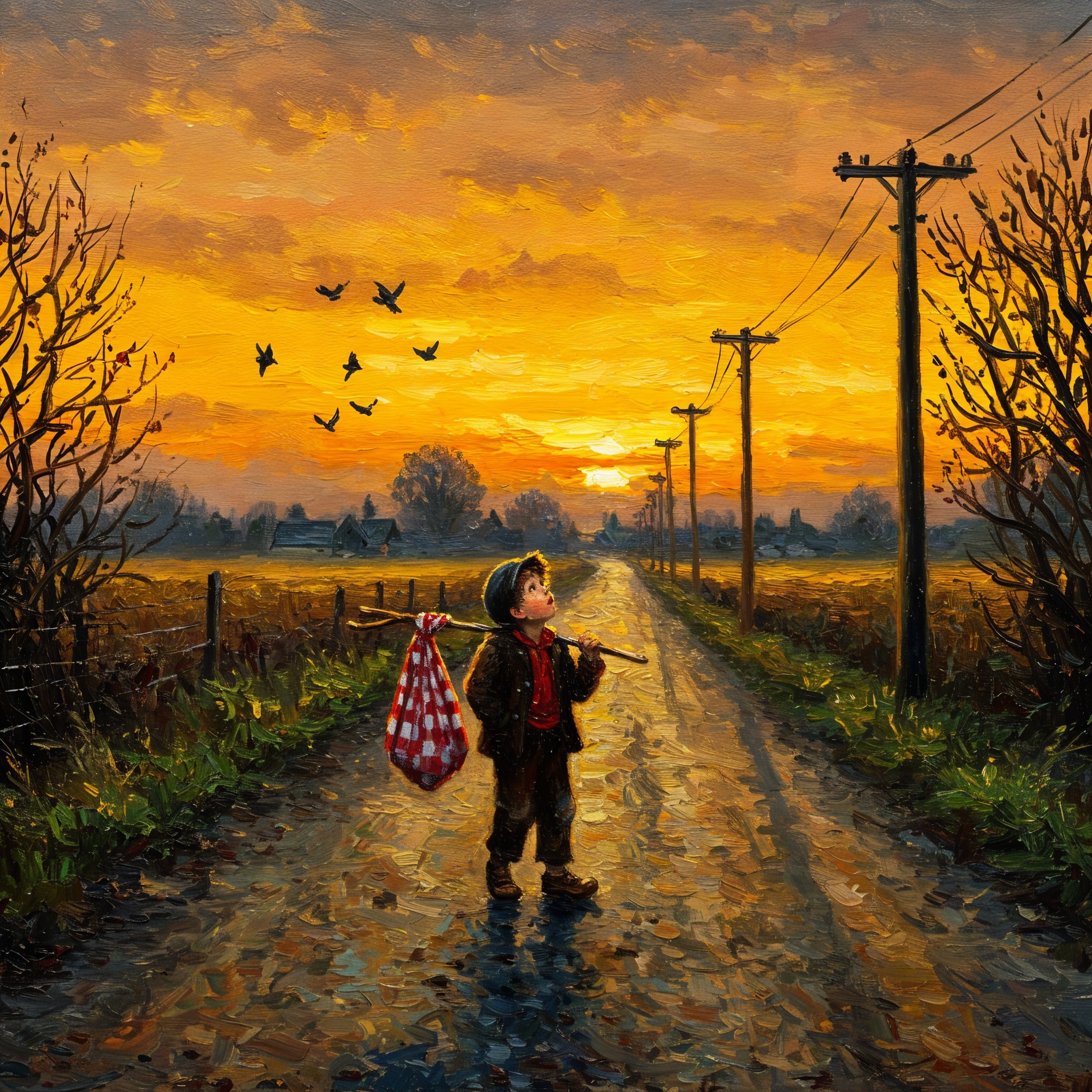Young Boy with Checkered Bag on Sunset Road