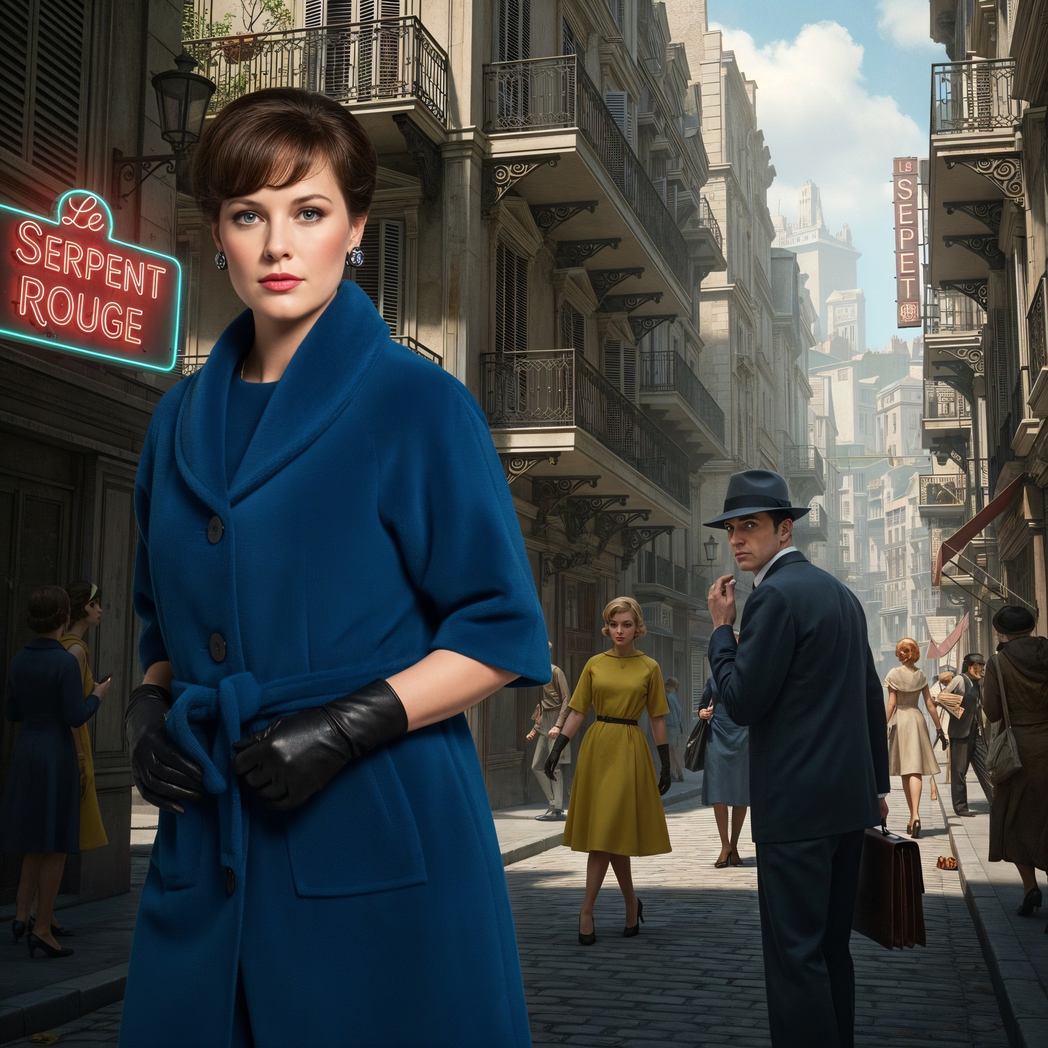 Elegant Street Scene with Stylish Figures and Vintage Sign