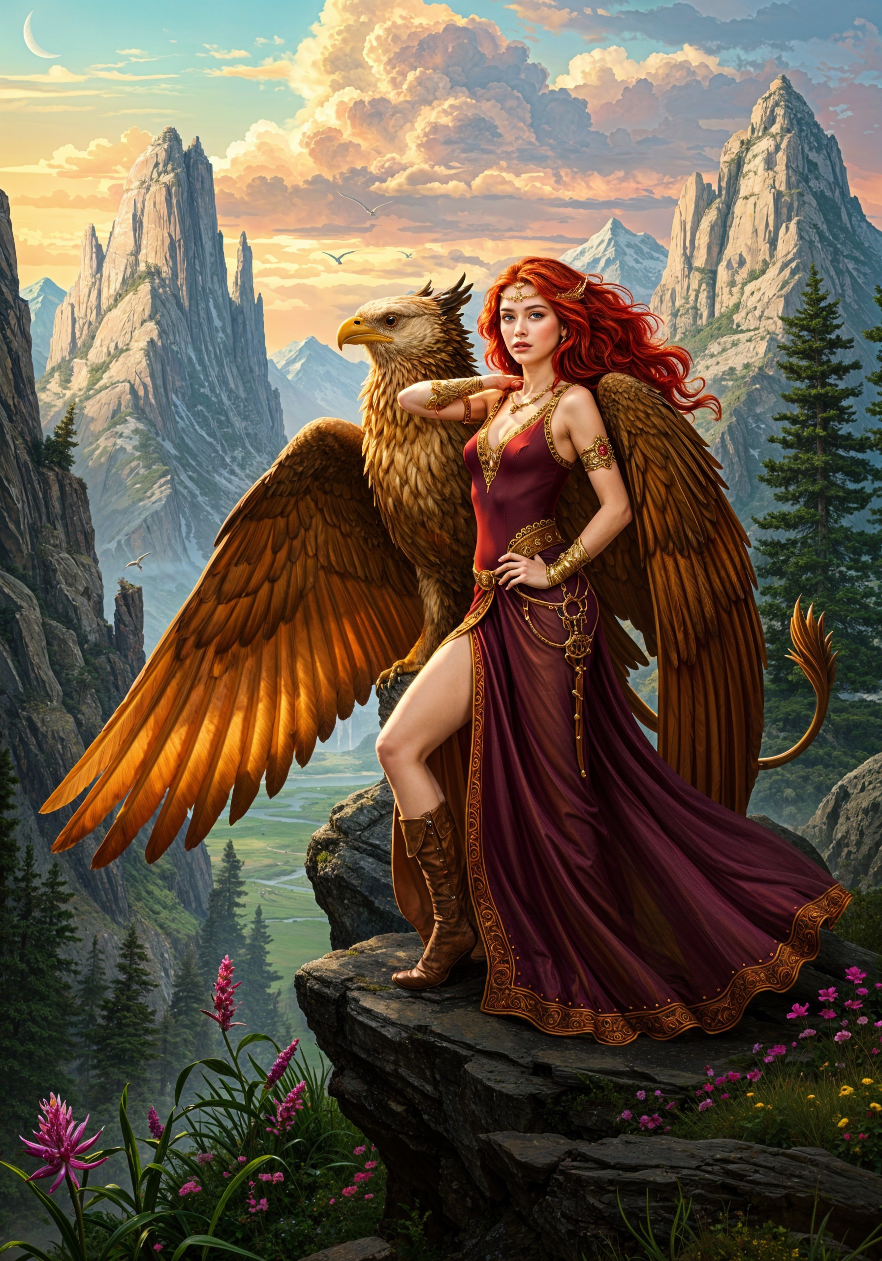 Majestic Woman and Griffin in Dramatic Landscape