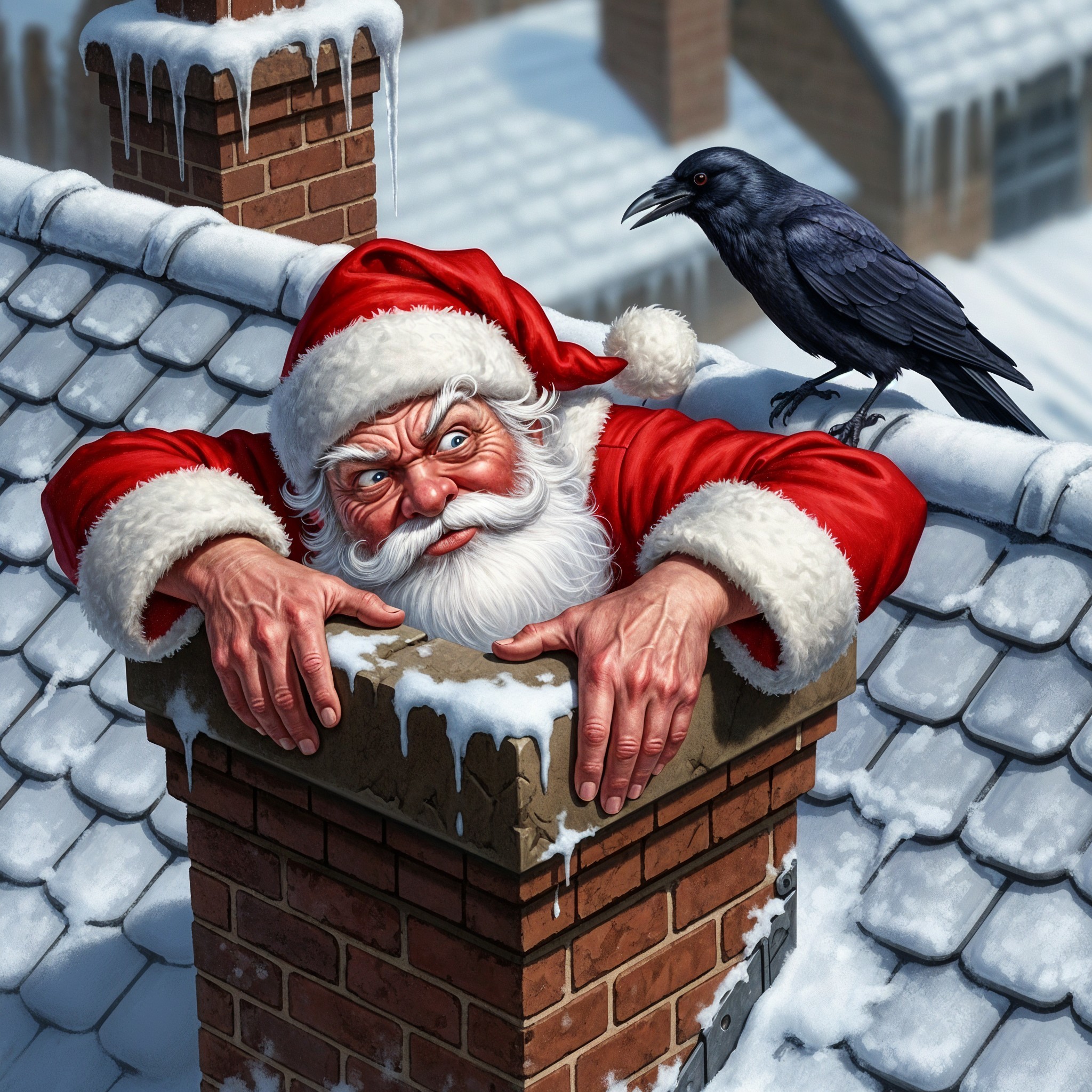 Frustrated Santa Claus Stuck in Chimney on Rooftop