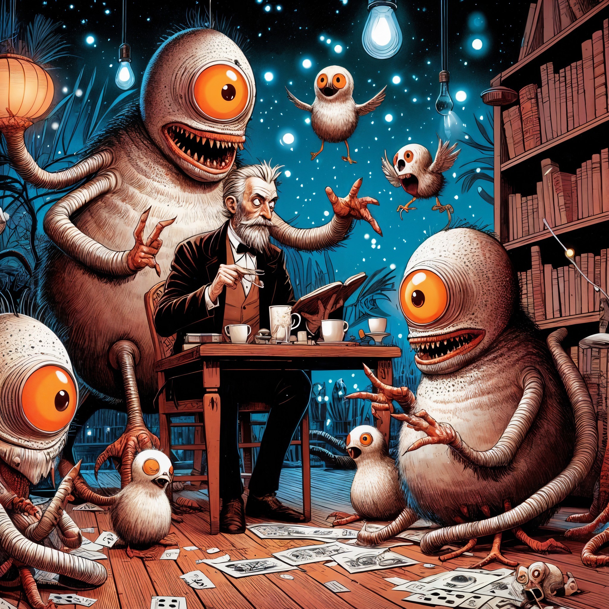 Elderly Man in Colorful Library with Playful Creatures