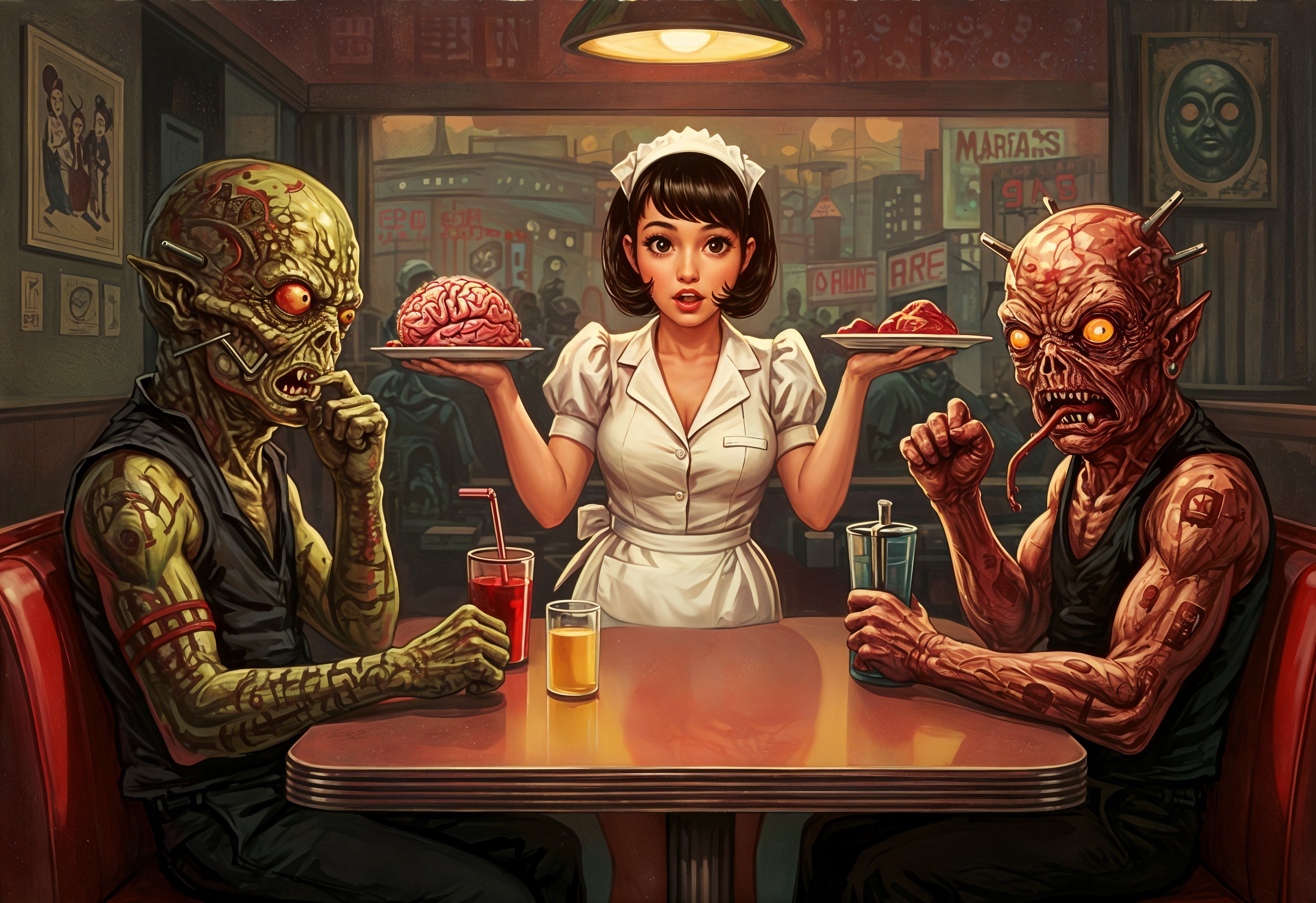 Retro Diner Scene with Monsters and Quirky Decor