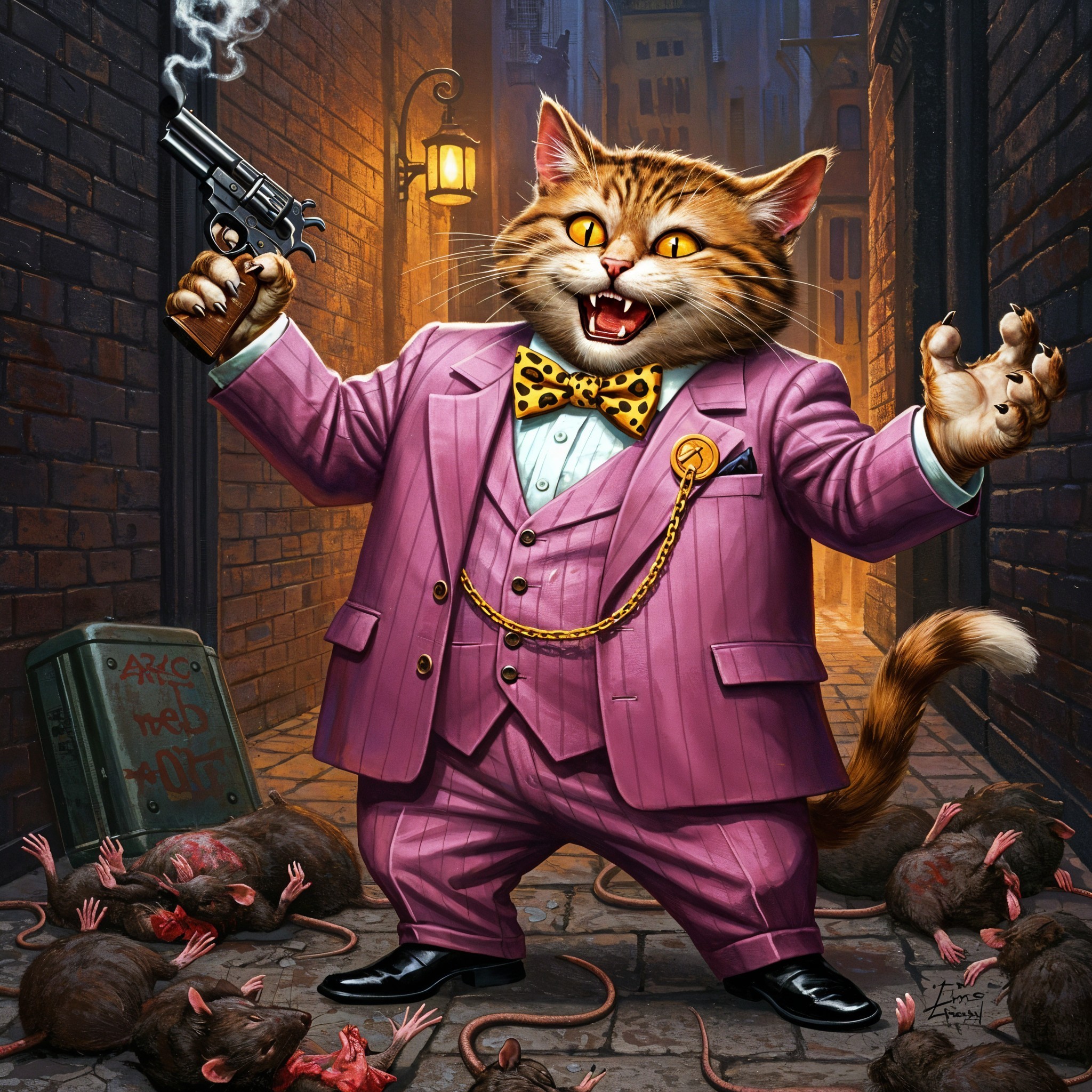Anthropomorphic cat in pink suit with handgun in alleyway