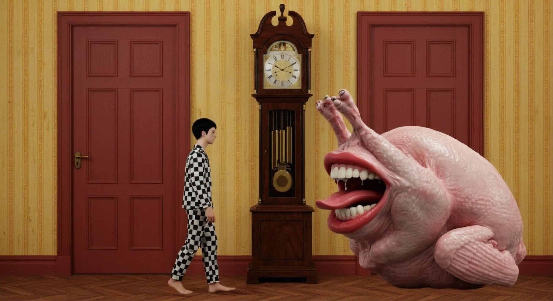 Surreal Scene of Boy and Grotesque Turkey Creature