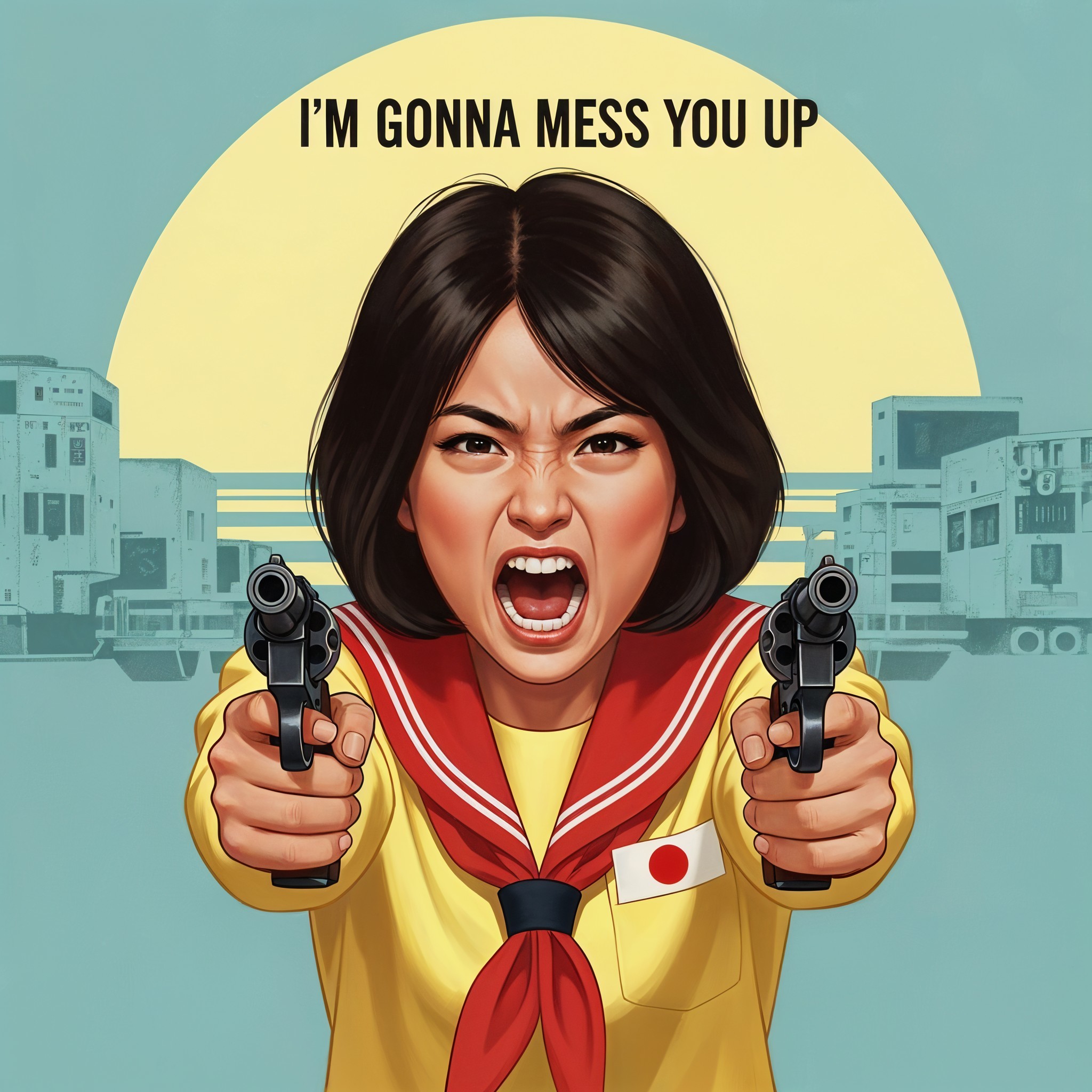 Young girl in school uniform aiming guns with intensity