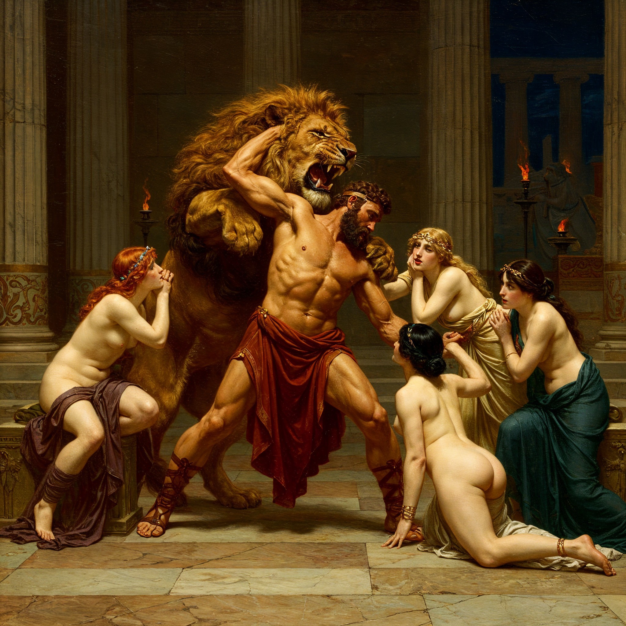 Hercules Battling a Lion in a Classical Setting