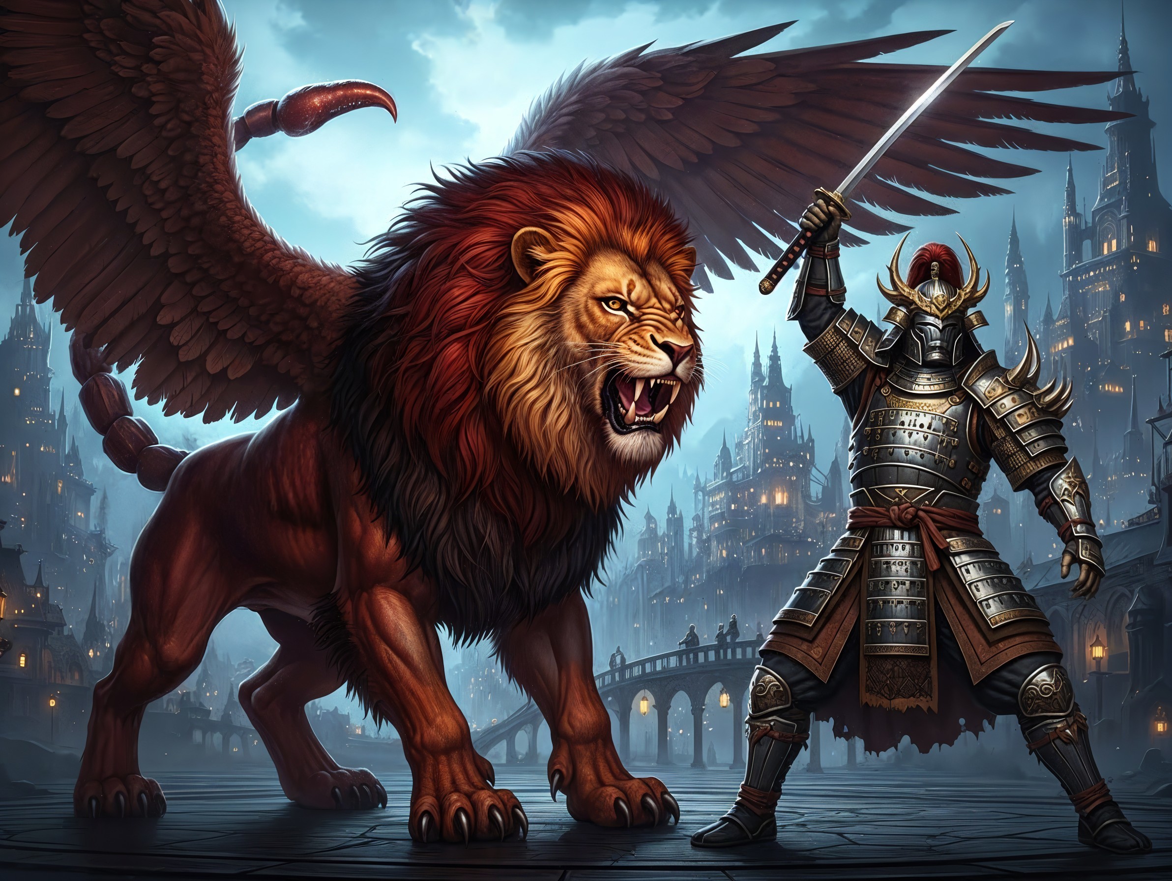 Fierce Winged Lion and Armored Warrior in Fantasy Scene