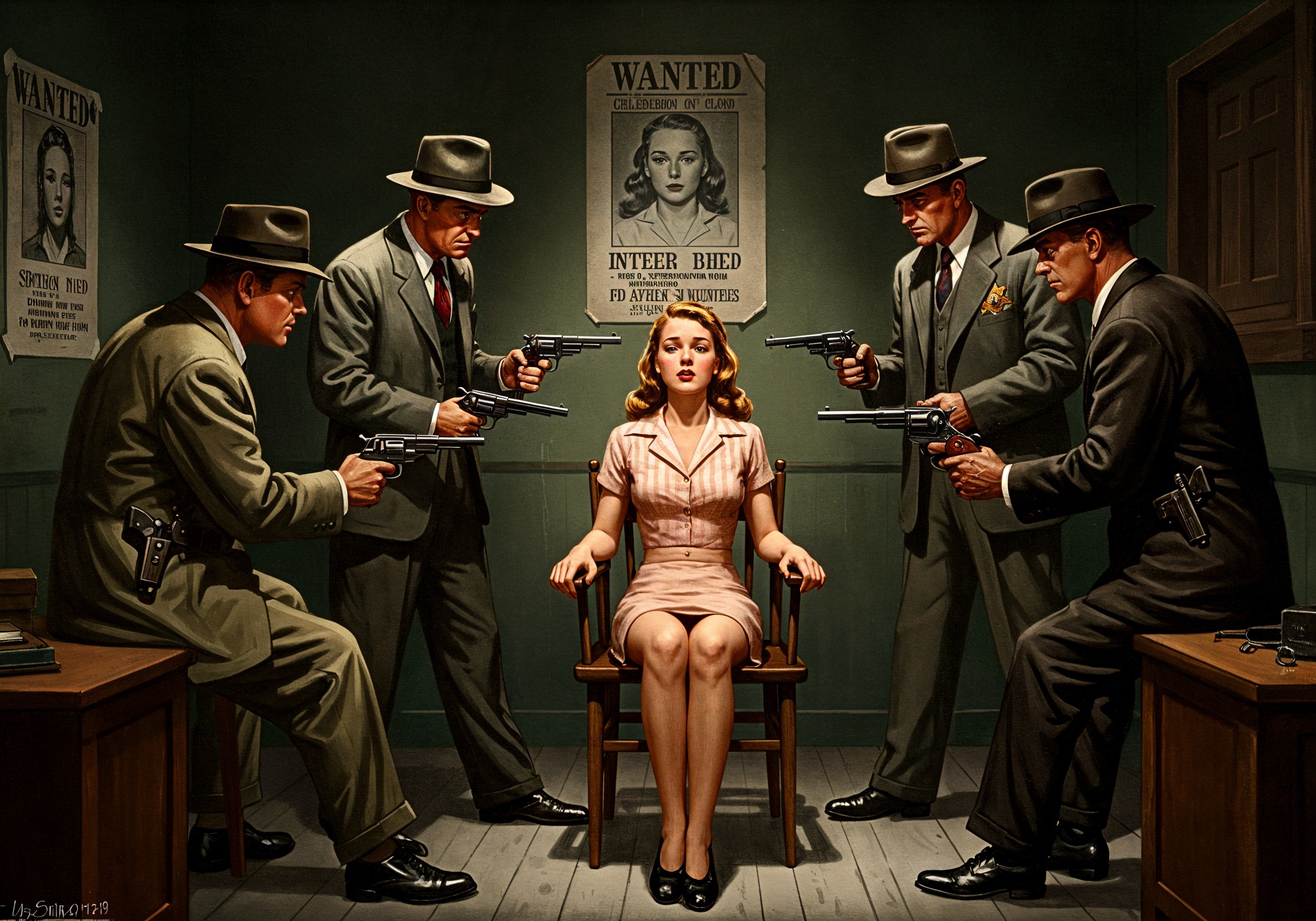 Glamorous Woman Surrounded by Armed Men in Noir Scene