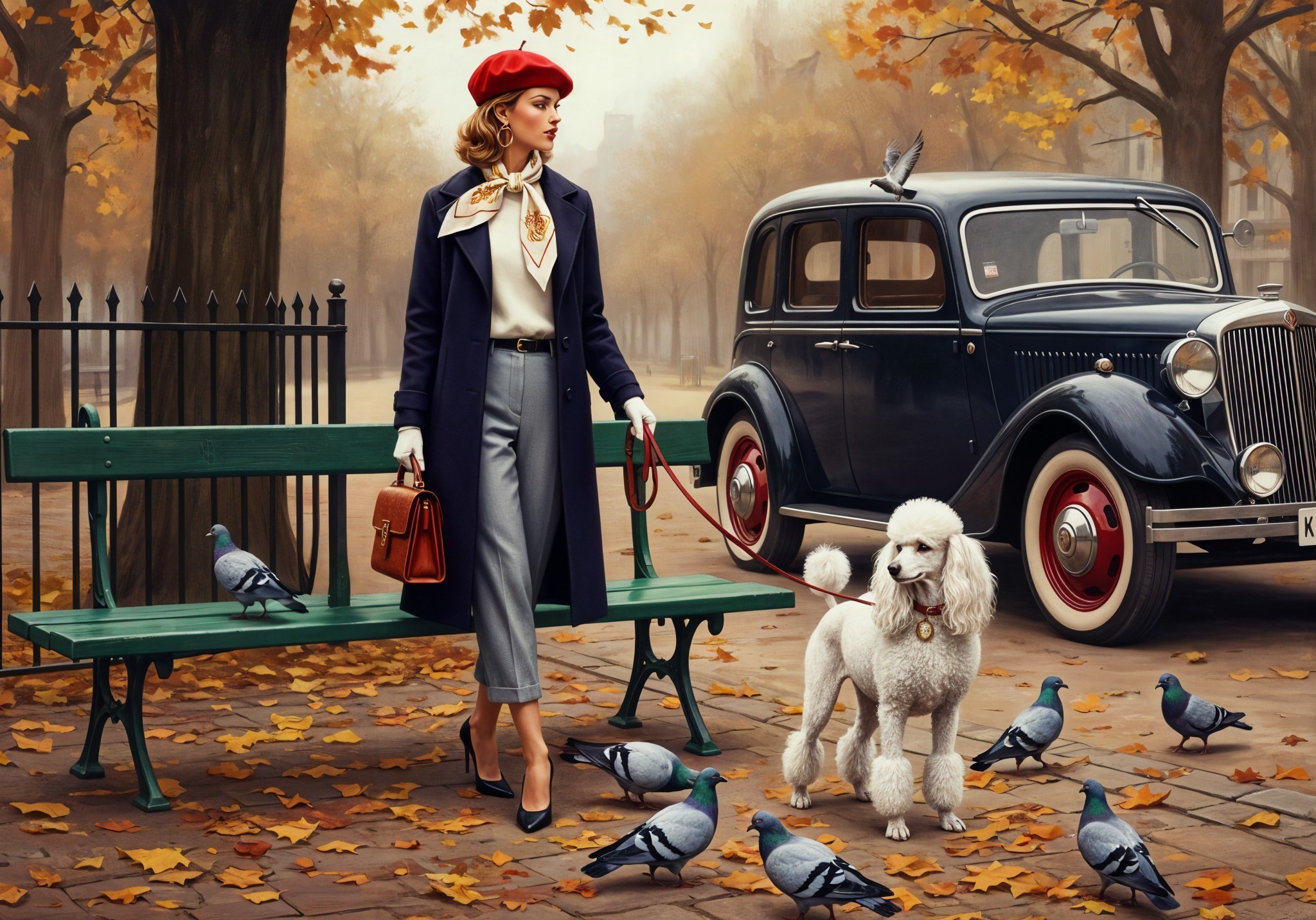 Fashionable woman in navy coat with poodle in park